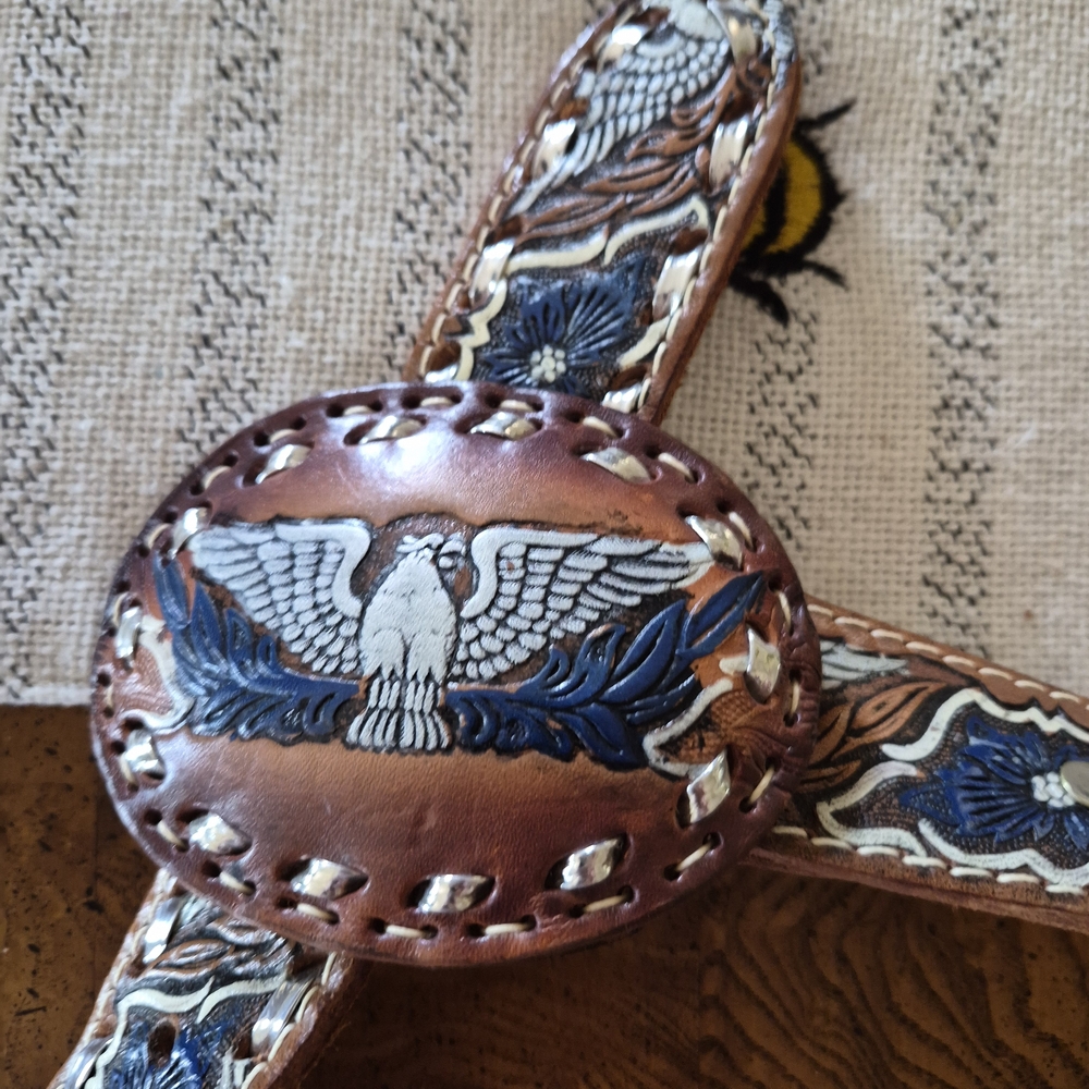 Brown Leather Men’s Belt with Blue Eagle Medallion Accent